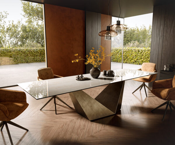 Jídelní stůl Edge 300×100 cm keramika onyx champagne prisma metalická zlatá