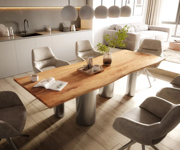 Jídelní stůl Edge 260x100 akácie přírodní pilíř nerezová ocel broušená Live-Edge