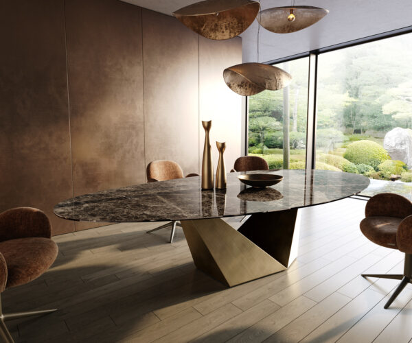 Jídelní stůl Edge oválný 315×150 cm keramika Emperador Extra Lucidato tmavě hnědá Prisma Metallic Gold