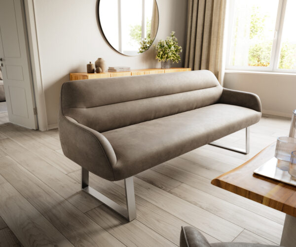 Lavice Taya-Flex 200 cm mikrovlákno taupe vintage tenká podnož hranatá nerezová ocel taštičkové pružiny