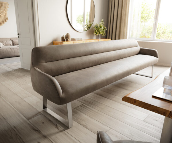Jídelní lavice Taya-Flex 300 cm mikrovlákno taupe vintage tenká podnož hranatá nerezová ocel taštičkové pružiny
