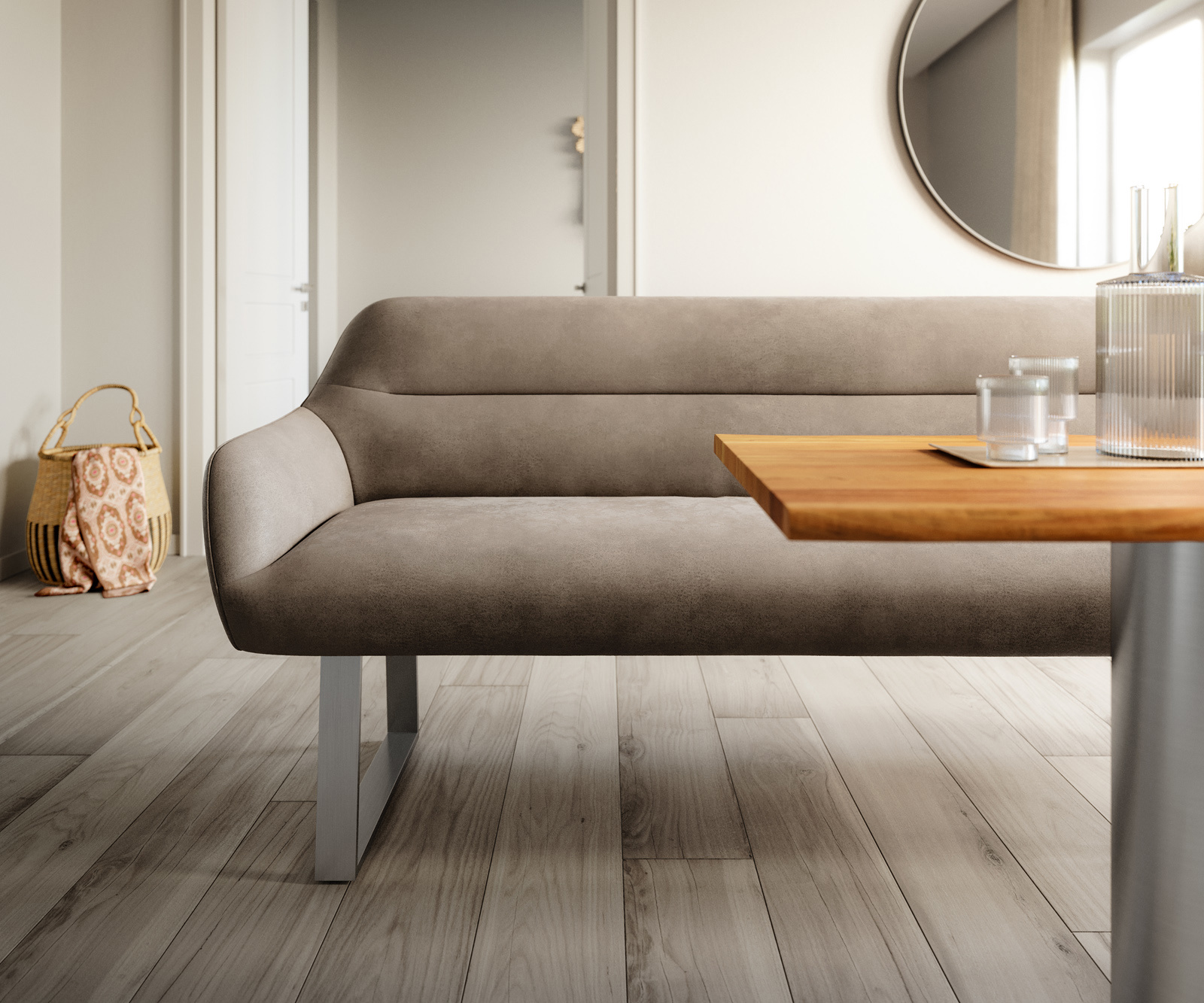 Jídelní lavice Taya-Flex 300 cm mikrovlákno taupe vintage tenká podnož hranatá nerezová ocel taštičkové pružiny - Obrázek 2
