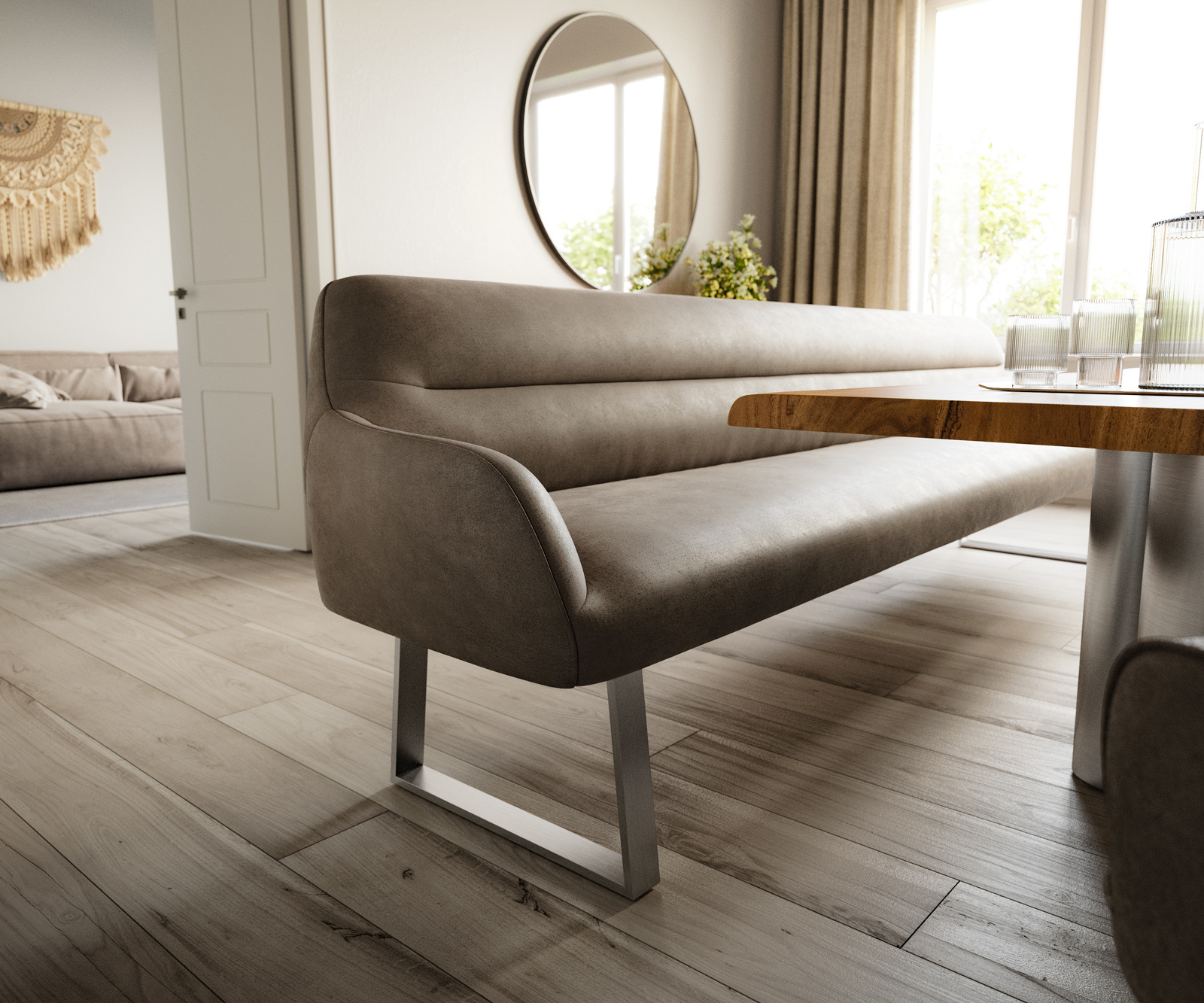 Jídelní lavice Taya-Flex 300 cm mikrovlákno taupe vintage tenká podnož hranatá nerezová ocel taštičkové pružiny - Obrázek 5