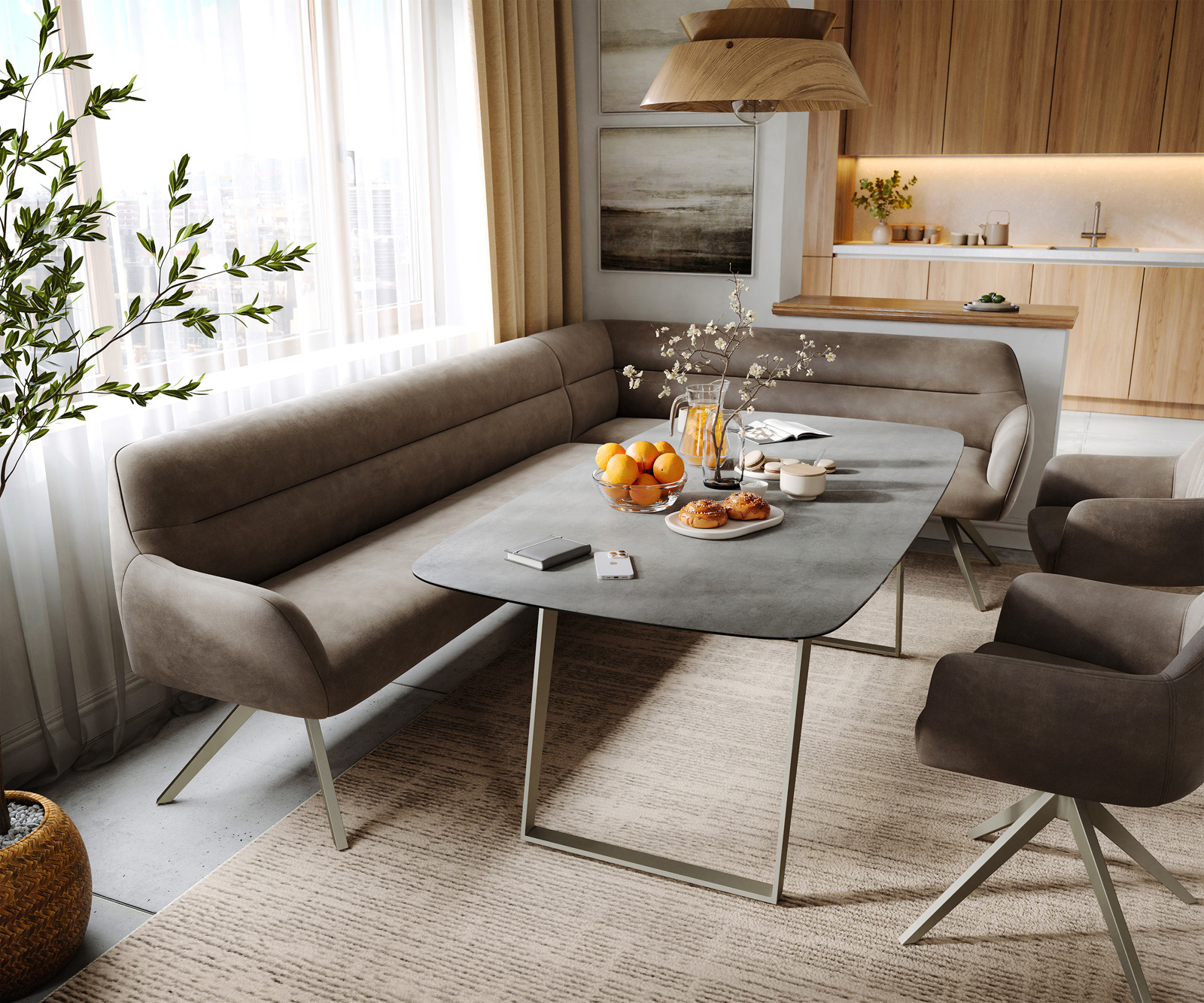 Jídelní lavice Taya-Flex 285×190 cm mikrovlákno taupe vintage křížová podnož hranatá titanová barva taštičkové pružiny levá