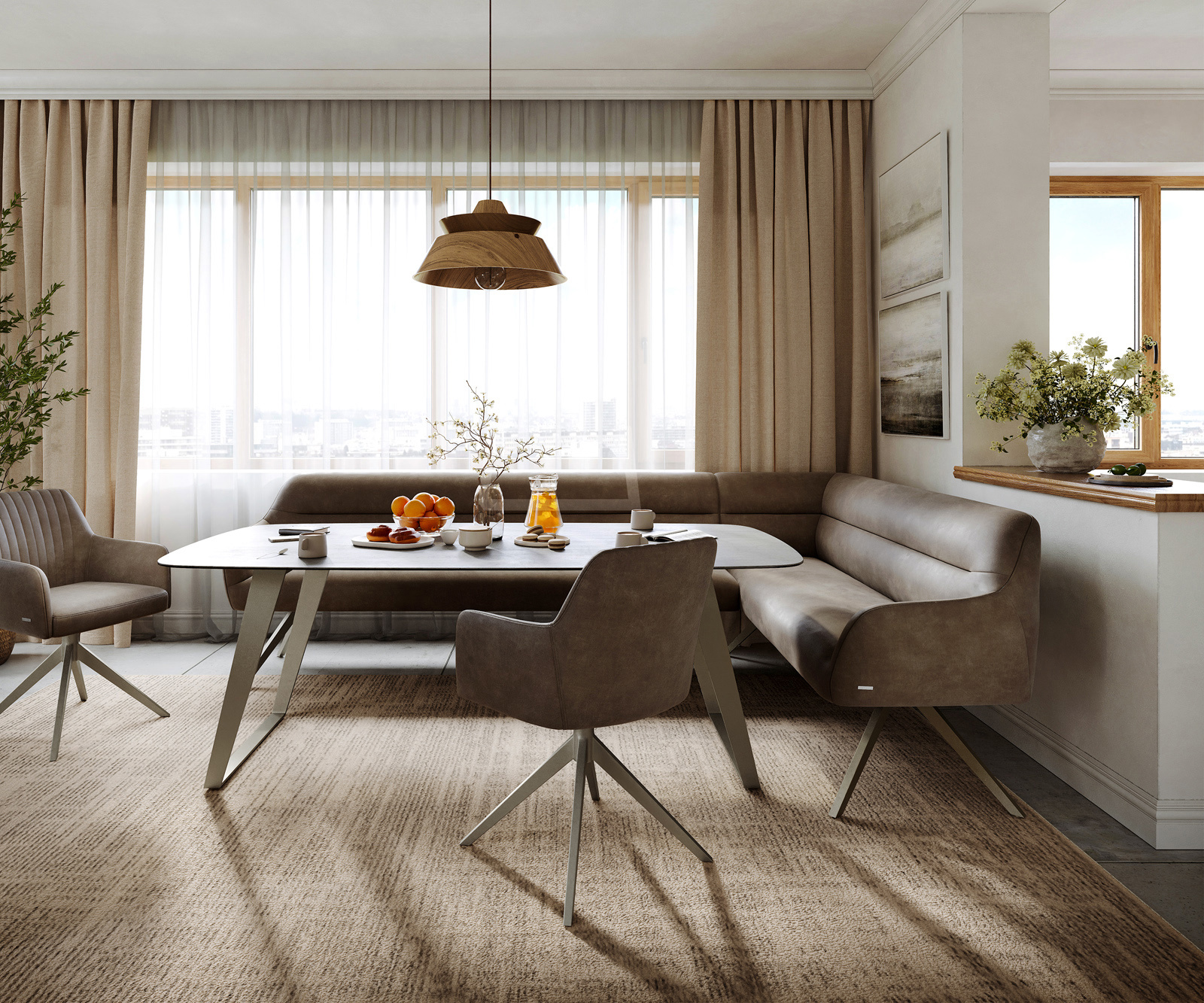 Jídelní lavice Taya-Flex 285×190 cm mikrovlákno taupe vintage křížová podnož hranatá titanová barva taštičkové pružiny levá - Obrázek 2