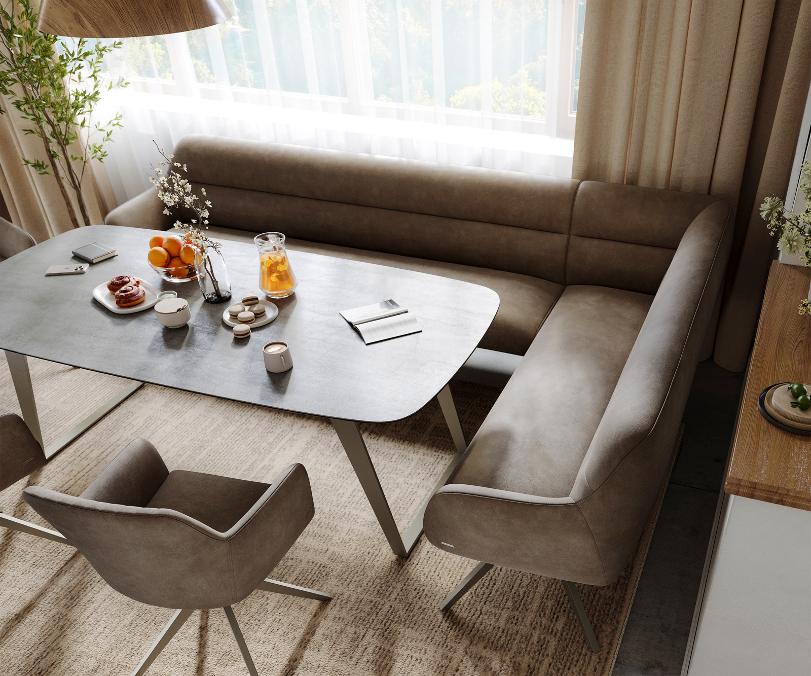 Jídelní lavice Taya-Flex 285×190 cm mikrovlákno taupe vintage křížová podnož hranatá titanová barva taštičkové pružiny levá - Obrázek 4