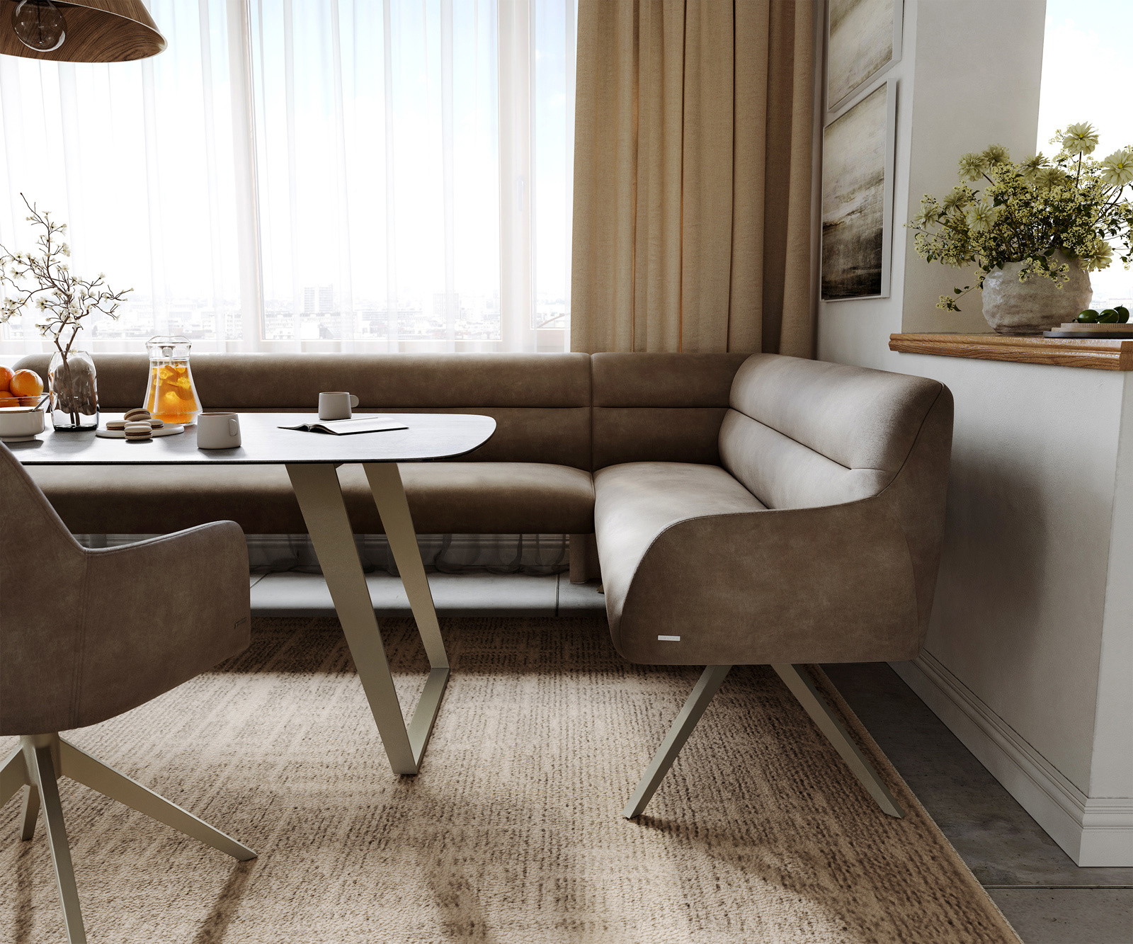 Jídelní lavice Taya-Flex 285×190 cm mikrovlákno taupe vintage křížová podnož hranatá titanová barva taštičkové pružiny levá - Obrázek 5