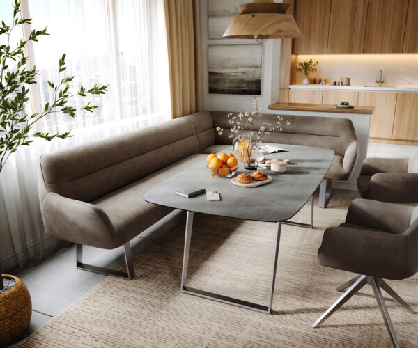 Jídelní lavice Taya-Flex 285×190 cm mikrovlákno taupe vintage tenká podnož hranatá nerezová ocel taštičkové pružiny levá
