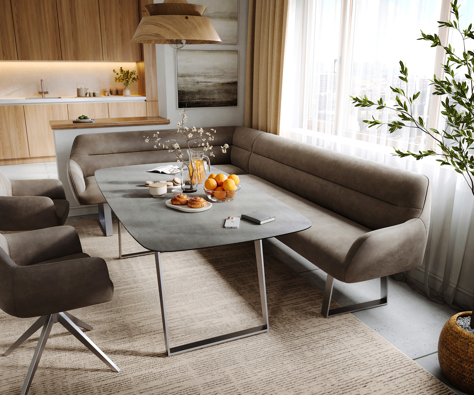 Jídelní lavice Taya-Flex 285×190 cm mikrovlákno taupe vintage tenká podnož hranatá nerezová ocel taštičkové pružiny pravá