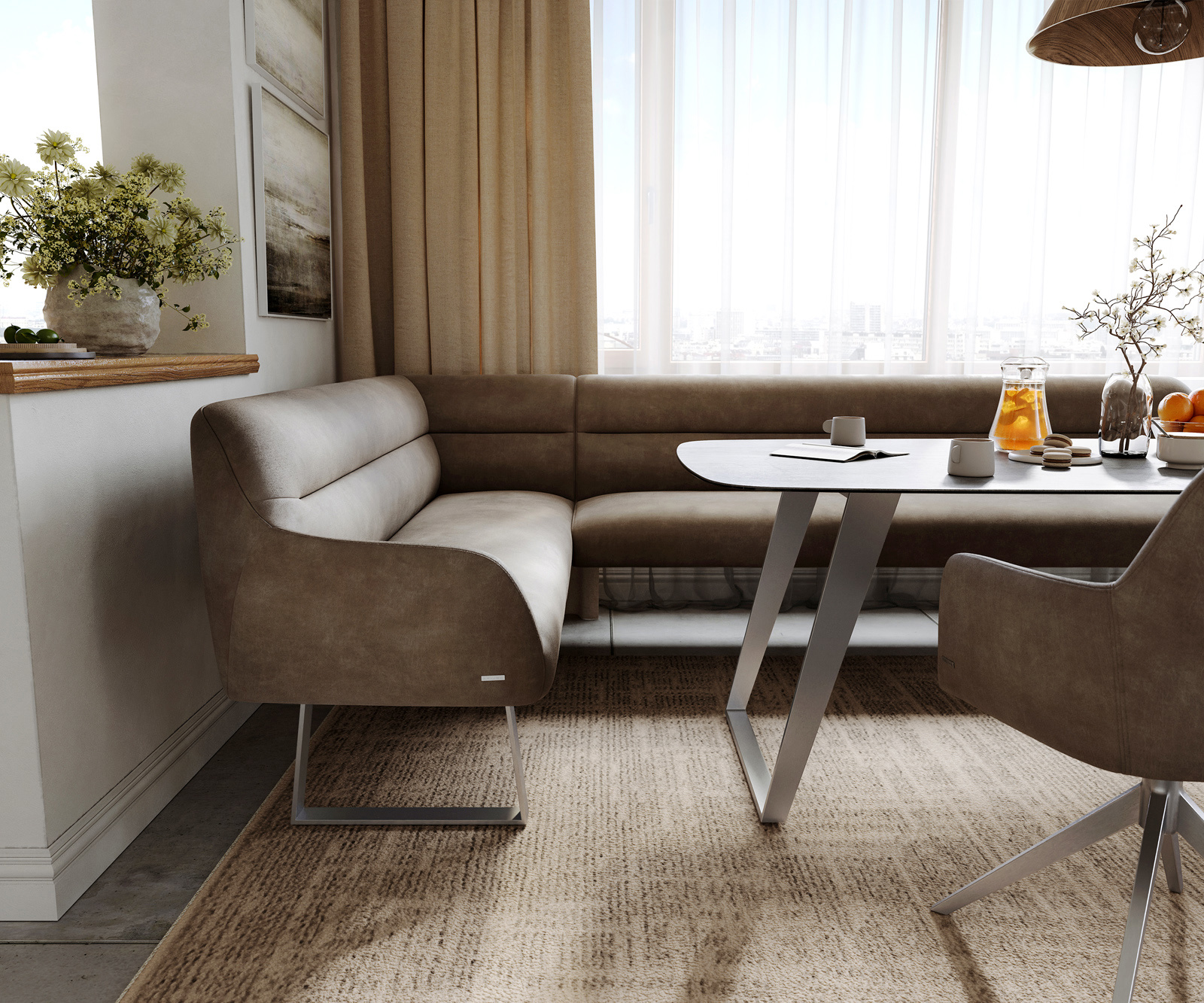 Jídelní lavice Taya-Flex 285×190 cm mikrovlákno taupe vintage tenká podnož hranatá nerezová ocel taštičkové pružiny pravá - Obrázek 5