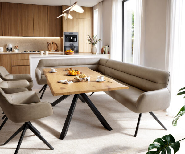 Jídelní lavice Taya-Flex 285×190 cm mikrovlákno béžová vintage křížová podnož hranatá černá taštičkové pružiny pravá