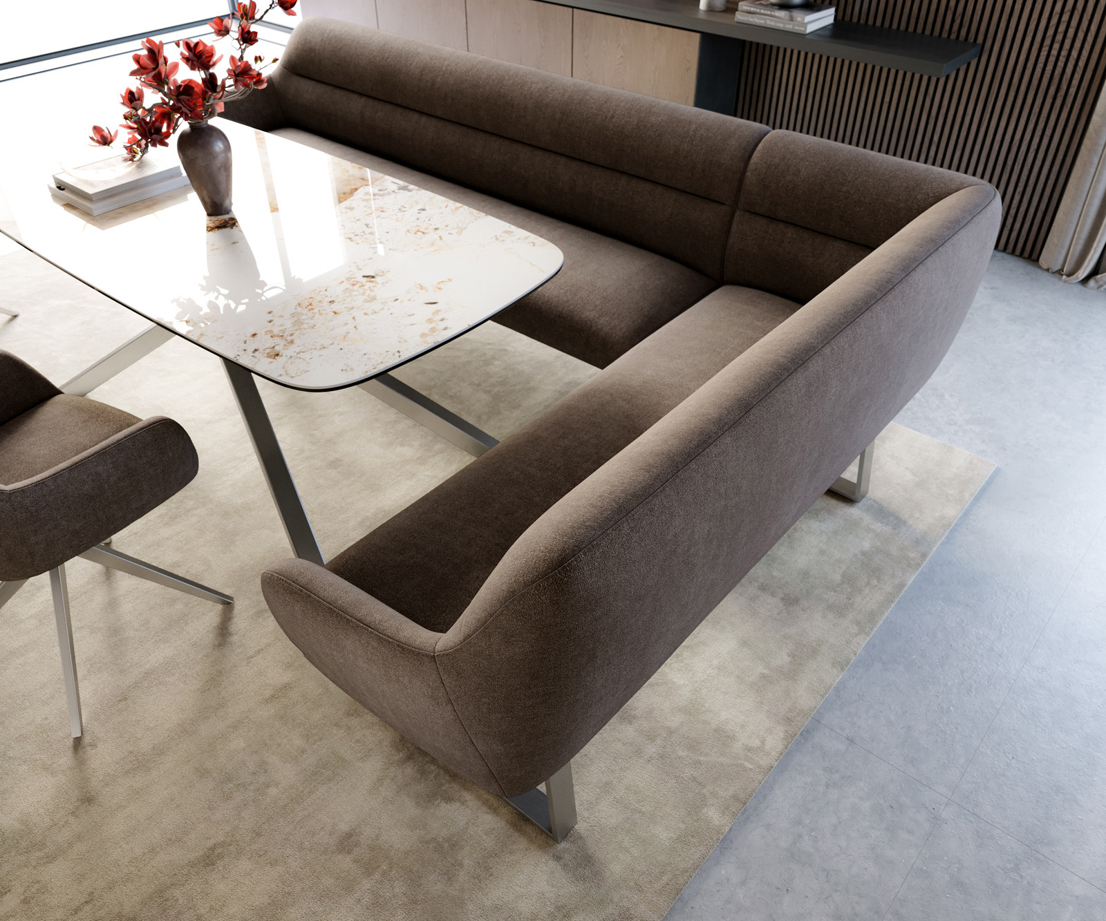 Jídelní lavice Taya-Flex 285×190 cm strukturovaná látka měkká taupe tenká podnož hranatá nerezová ocel taštičkové pružiny levá - Obrázek 4