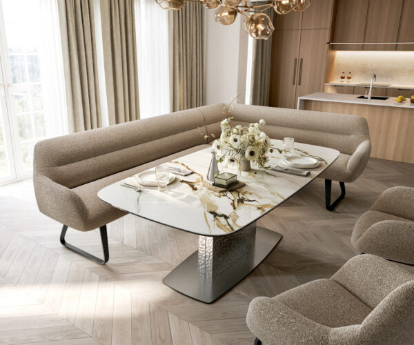 Jídelní lavice Taya-Flex 285x190 cm bouclé tmavě béžová tenká podnož černá taštičkové pružiny levá