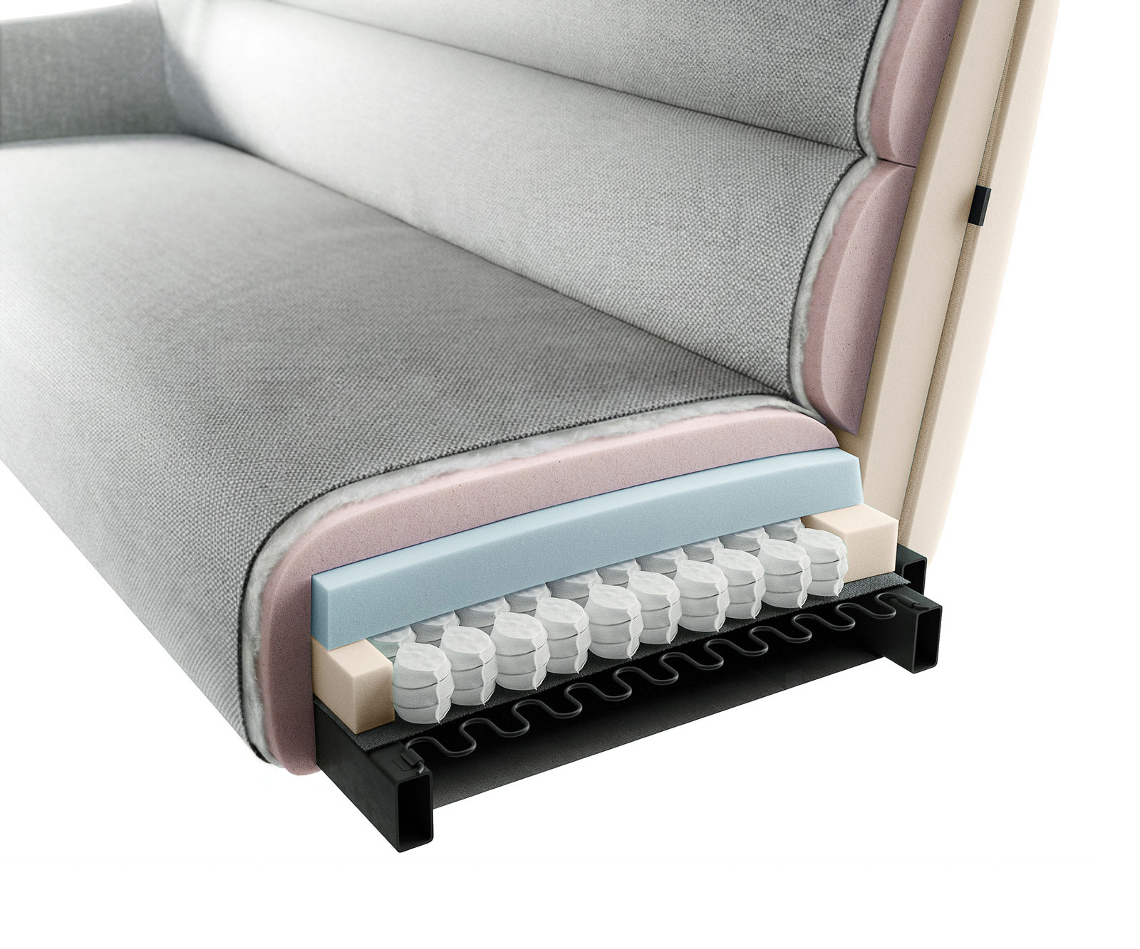 Jídelní lavice Taya-Flex 285×190 cm bouclé tmavě béžová tenká podnož hranatá nerezová ocel taštičkové pružiny levá - Obrázek 9