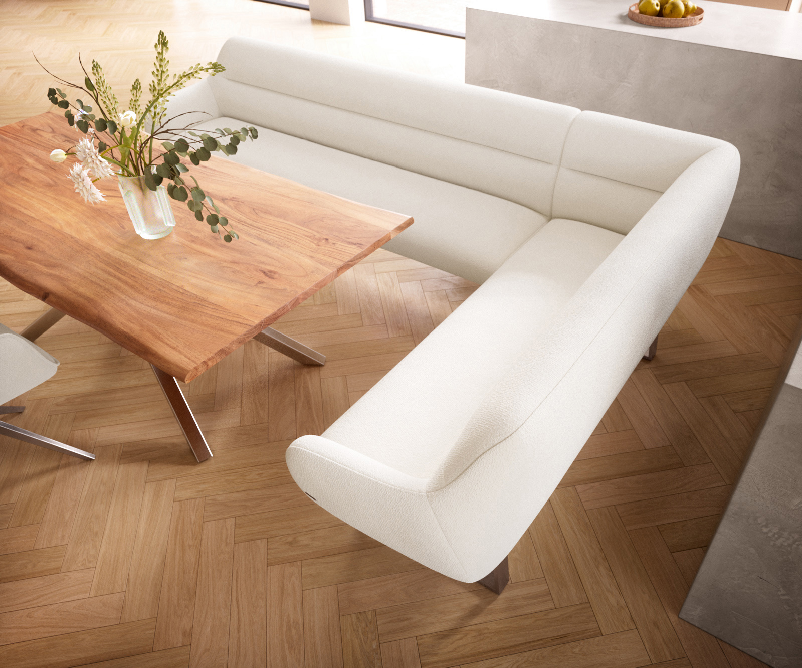 Jídelní lavice Taya-Flex 285×190 cm bouclé krémovo-bílá hranatá kovová podnož taštičkové pružiny levá - Obrázek 4