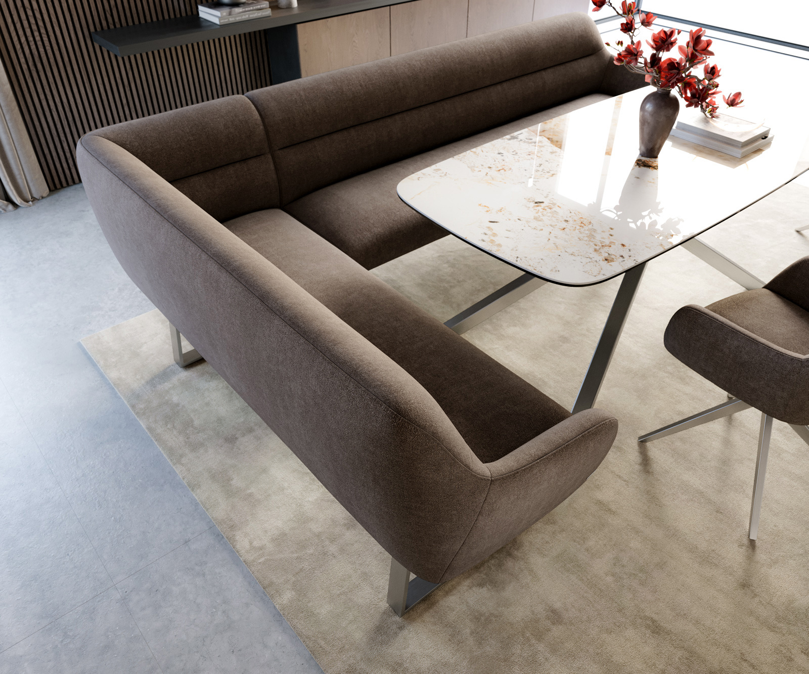 Jídelní lavice Taya-Flex 285×190 cm strukturovaná látka měkká taupe tenká podnož hranatá nerezová ocel taštičkové pružiny pravá - Obrázek 4