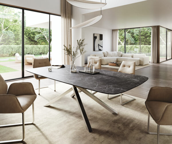 Jídelní stůl Edge tvar oválný 260x120 cm keramika Laminam® Nero Greco antracitová křížová podnož nerezová ocel