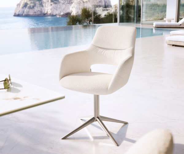 Jídelní židle Yago-Flex s područkami bouclé bílá kovová podnož nerezová ocel 360° otočný houpací funkce