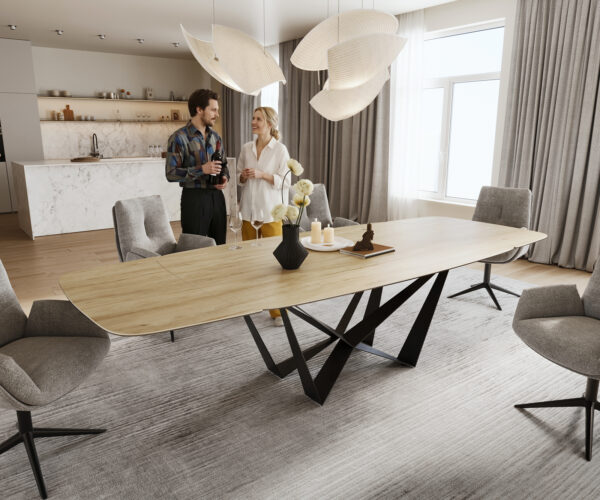 Jídelní stůl Edge oválný tvar 200-300×120 cm keramika Laminam® Sabbia dubová barva Spider plochá ocel černá rozkládací