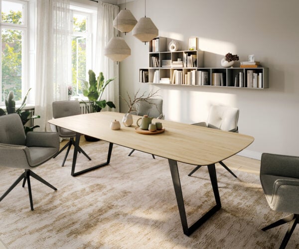 Jídelní stůl Edge oválný tvar 260x120 cm keramika Laminam® Sabbia dubová barva kov šikmý černý