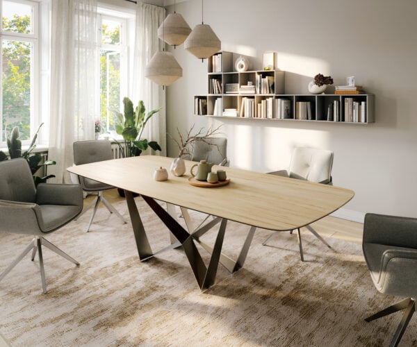 Jídelní stůl Edge oválný tvar 260×120 cm keramika Laminam® Sabbia dubová barva Spider plochá podnož nerezová ocel