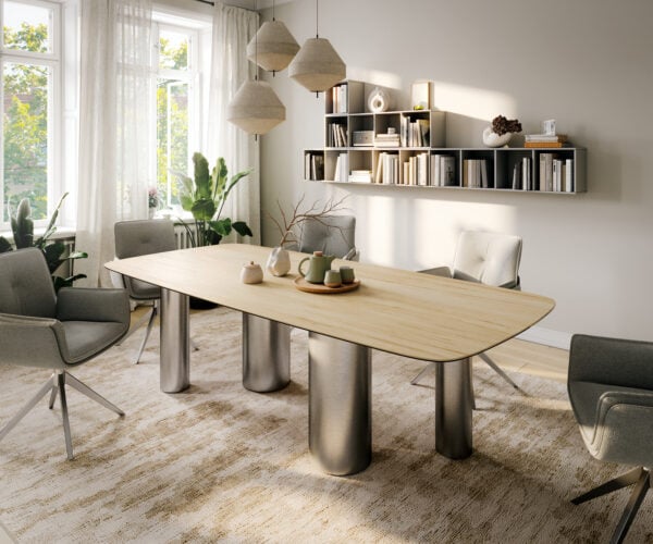 Jídelní stůl Edge tvar oválný 260×120 cm keramika Laminam® Sabbia dubová barva podnož nerezová ocel kartáčovaná