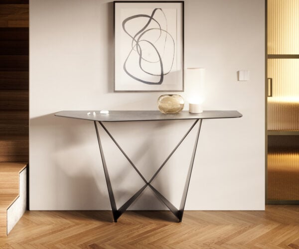 Konzolový stůl Edge polygonální 140×50 cm keramika beton šedá Livos kov černá