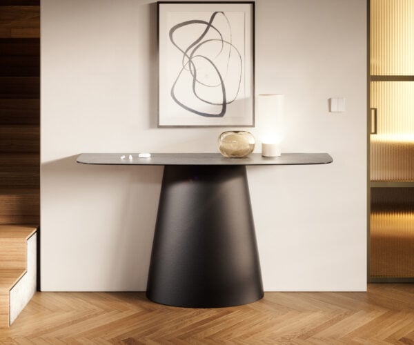 Konzolový stůl Edge oválný 140×40 cm keramika beton šedá kov černá
