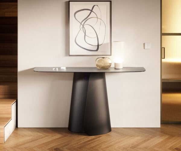 Konzolový stůl Edge oválný tvar 140×40 cm keramika beton šedá Livos kov černá