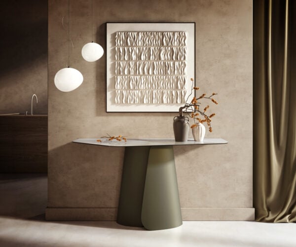 Konzolový stůl Edge polygonální 140×50 cm keramika Onyx Pearl Livos kov titanová barva