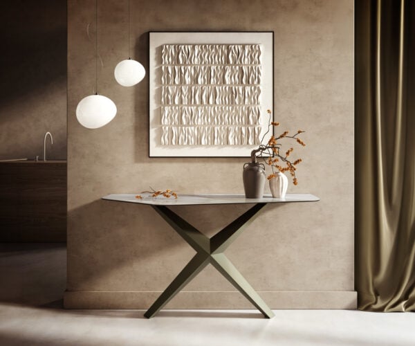 Konzolový stůl Edge polygonální 140×50 cm keramika Onyx Pearl Zentharo kov titanová barva