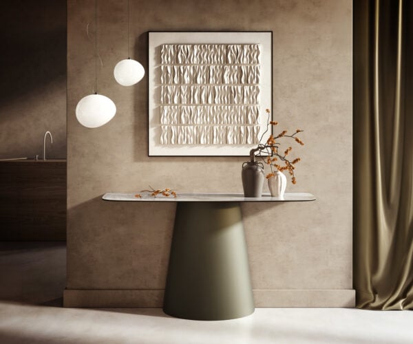 Konzolový stůl Edge oválný 140×40 cm keramika Onyx Pearl Conos kov titanová barva