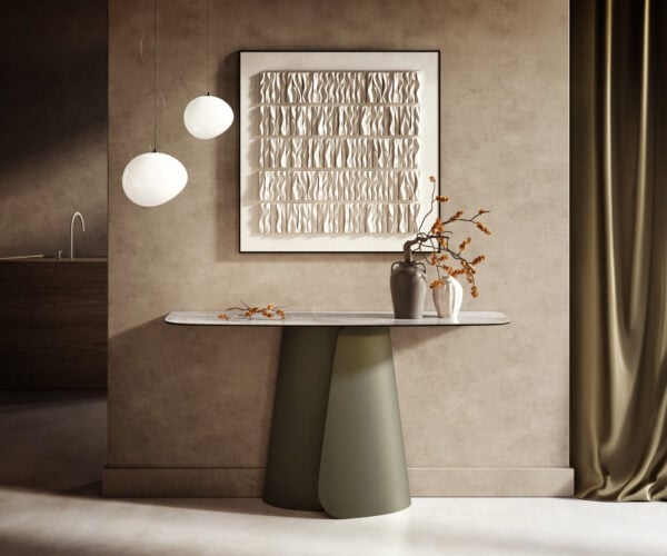 Konzolový stůl Edge oválný 140×40 cm keramika Onyx Pearl Livos kov titanová barva