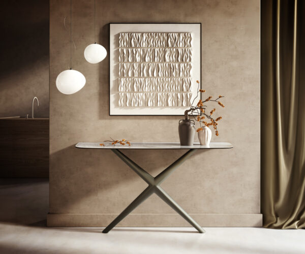 Konzolový stůl Edge oválný tvar 140×40 cm keramika Onyx Pearl Estelo kov titanová barva