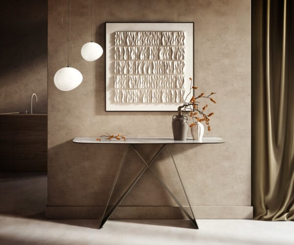 Konzolový stůl Edge oválný 140×40 cm keramika Onyx Pearl Velio kov titanová barva