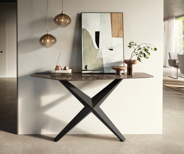 Konzolový stůl Edge polygonální 140×50 cm keramika Emperador Extra Lucidato tmavě hnědá Zentharo kov černá