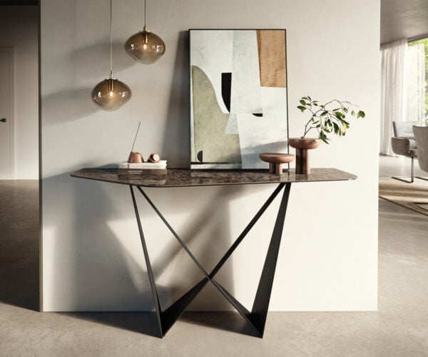 Konzolový stůl Edge polygonální 140×50 cm keramika Emperador Extra Lucidato tmavě hnědá Spios kov černá