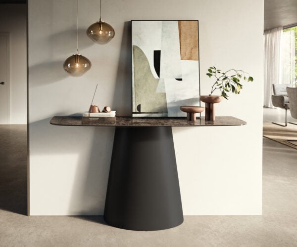 Konzolový stůl Edge oválný 140×40 cm keramika Emperador Extra Lucidato tmavě hnědá kov černá