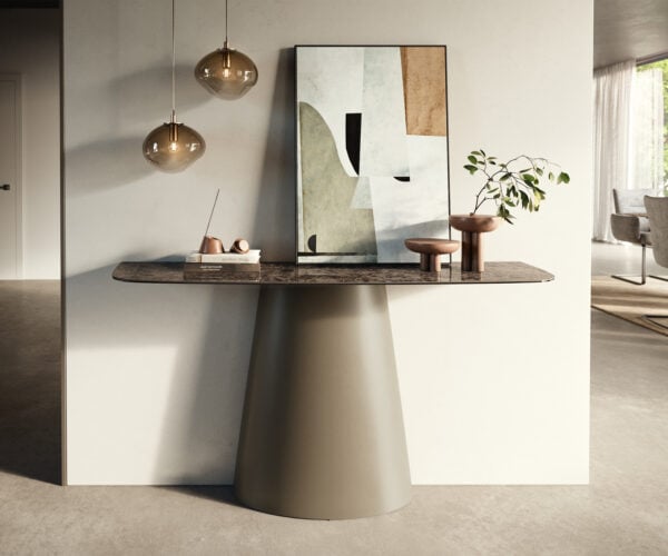 Konzolový stůl Edge oválný 140×40 cm keramika Emperador Extra Lucidato tmavě hnědá kuželová podnož kov titanová barva