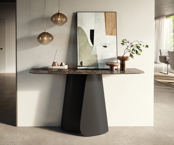 Konzolový stůl Edge oválný tvar 140×40 cm keramika Emperador Extra Lucidato tmavě hnědá Livos kov černá