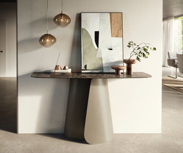 Konzolový stůl Edge oválný 140×40 cm keramika Emperador Extra Lucidato tmavě hnědá Livos kov titanová barva