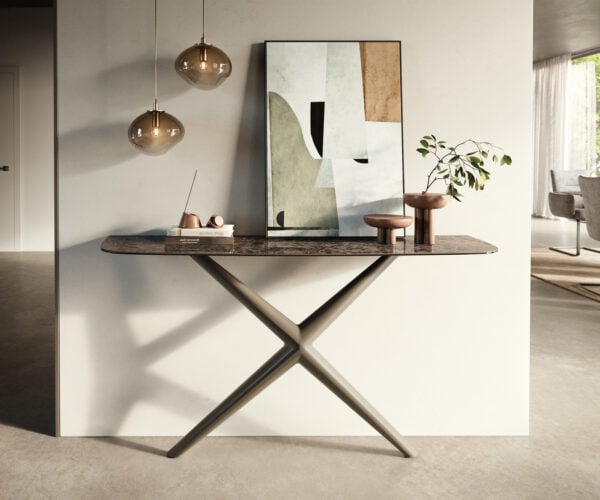 Konzolový stůl Edge oválný 140×40 cm keramika Emperador Extra Lucidato tmavě hnědá Estelo kov titanová barva