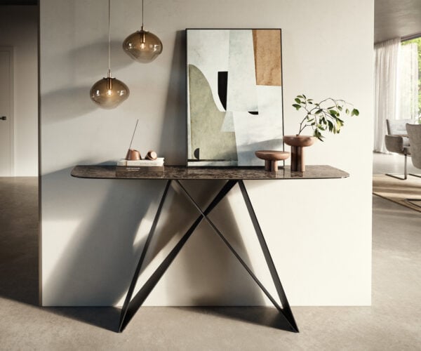 Konzolový stůl Edge oválný tvar 140×40 cm keramika Emperador Extra Lucidato tmavě hnědá Velio kov černá