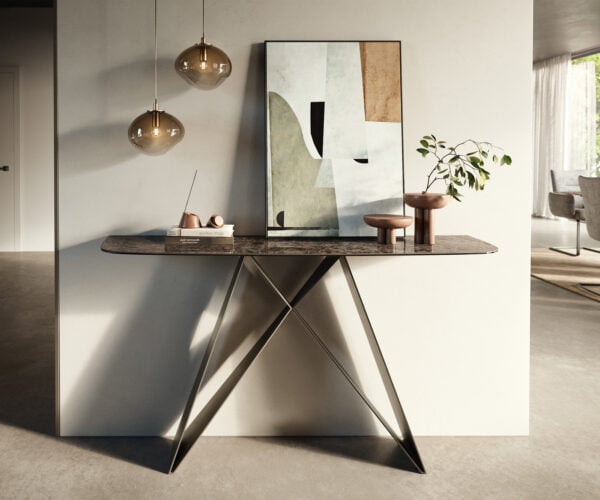 Konzolový stůl Edge oválný tvar 140×40 cm keramika Emperador Extra Lucidato tmavě hnědá Velio kov titanová barva