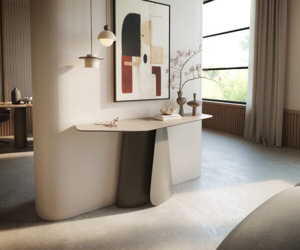 Konzolový stůl Edge polygonální 140×50 cm keramika Laminam® Travertino Bianco krémově bílá Livos kov titanová barva