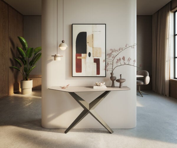 Konzolový stůl Edge polygonální 140×50 cm keramika Laminam® Travertino Bianco krémově bílá Zentharo kov titanová barva