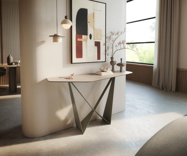 Konzolový stůl Edge polygonální 140×50 cm keramika Laminam® Travertino Bianco krémově bílá Spios kov titanová barva