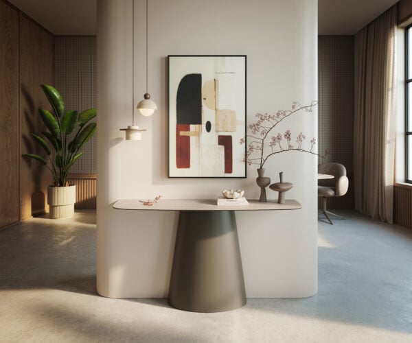 Konzolový stůl Edge oválný tvar 140×40 cm keramika Laminam® Travertino Bianco krémově bílá Conos kov titanová barva