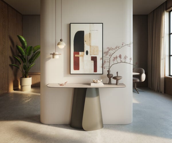 Konzolový stůl Edge oválný tvar 140×40 cm keramika Laminam® Travertino Bianco krémově bílá Livos kov titanová barva