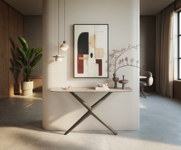 Konzolový stůl Edge Boot 140×40 cm keramika Laminam® Travertino Bianco krémově bílá Estelo kov titanová barva